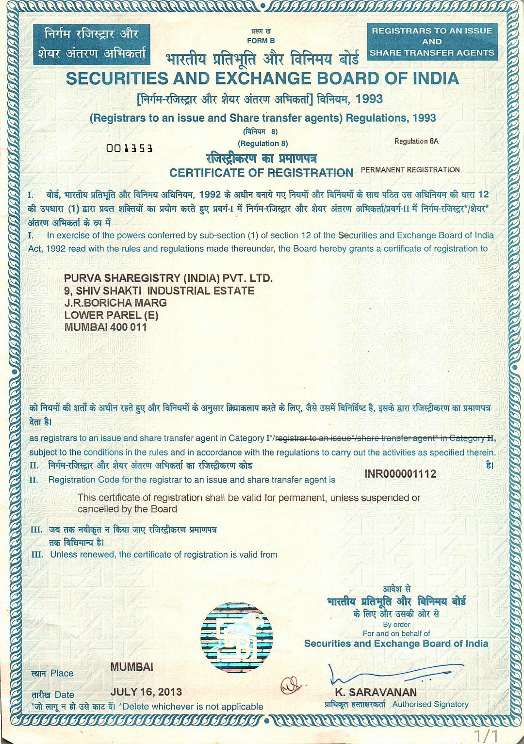 SEBI Certificate Of Registration